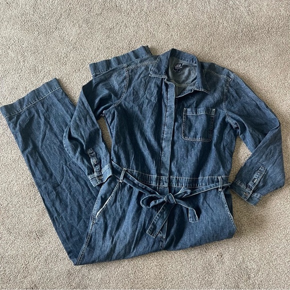 Gap Utility Blue Denim Carwash Romper Jumpsuit 16Tall Wide Leg Tie Belt NEW! - Picture 5 of 7